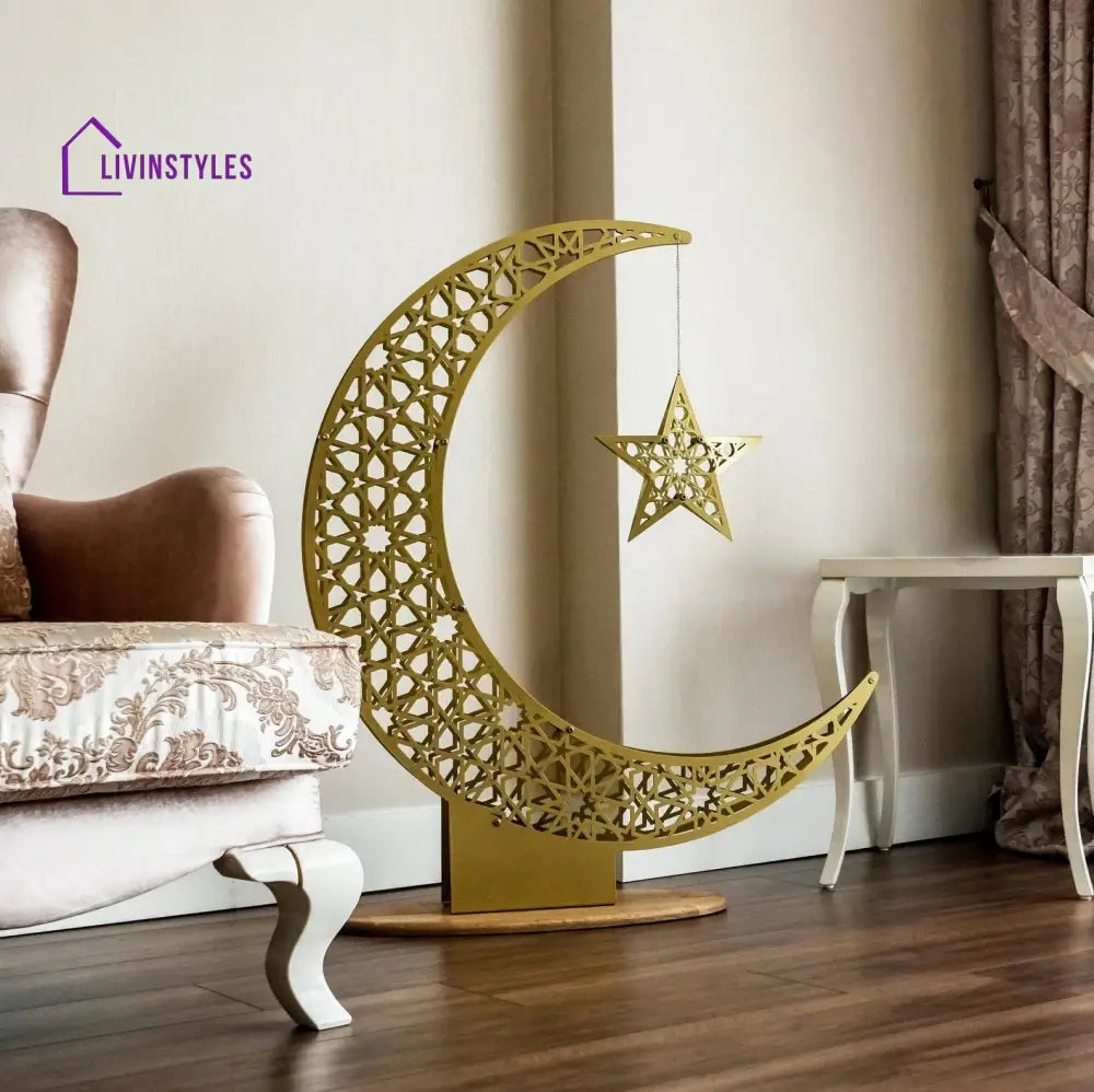 Crescent & Star Ramadan Decor - Metal Islamic Home Decoration 20.5x17.3’’ | 52x44 cm / Gold Metal Wall Art