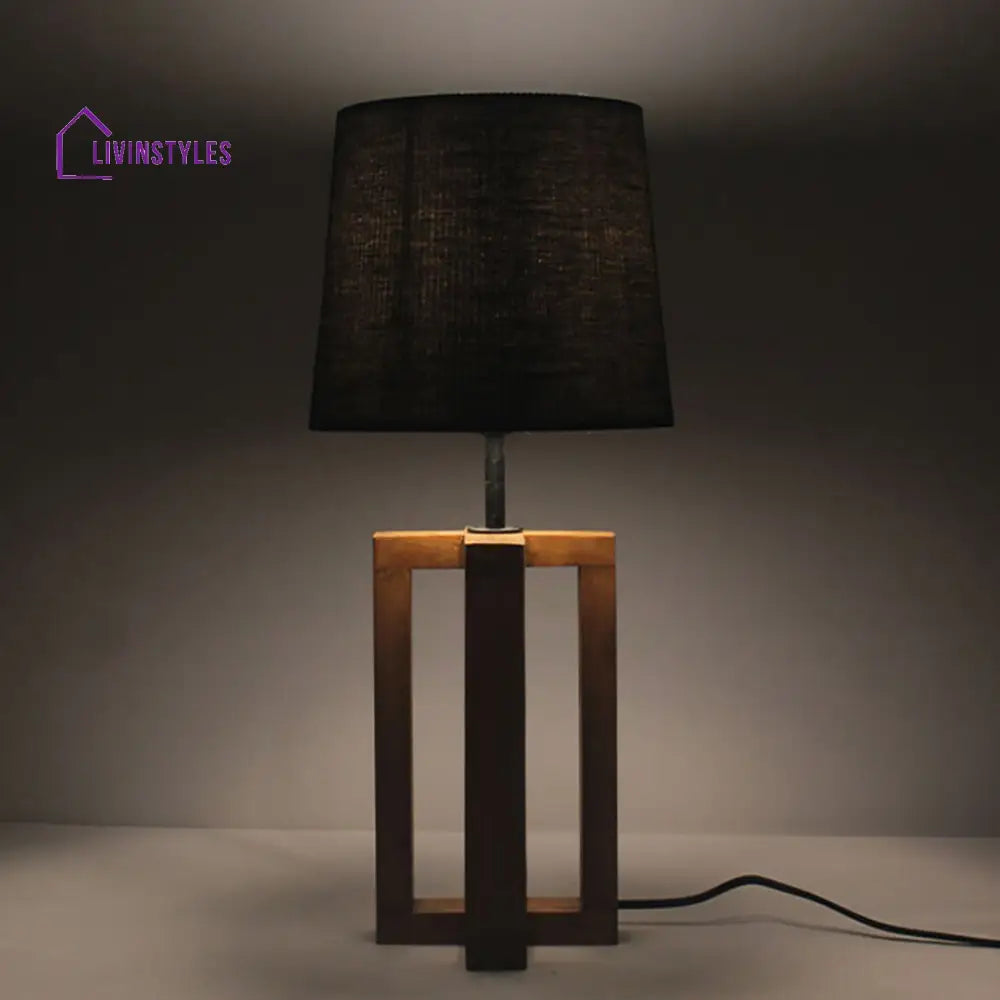 Criss Cross Brown Wooden Table Lamp With Yellow Printed Fabric Lampshade Lamps