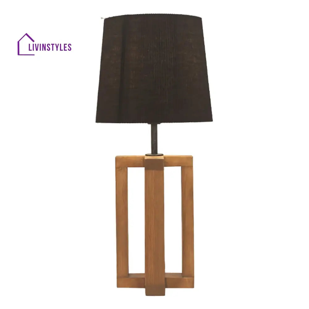 Criss Cross Brown Wooden Table Lamp With Yellow Printed Fabric Lampshade Lamps