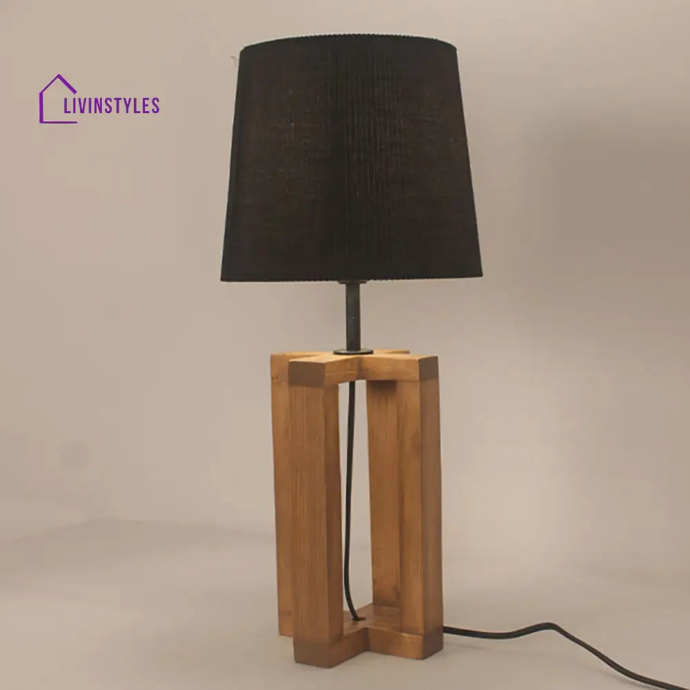 Criss Cross Brown Wooden Table Lamp With Yellow Printed Fabric Lampshade Lamps