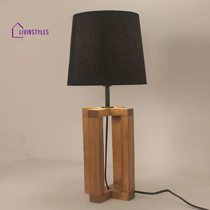 Criss Cross Brown Wooden Table Lamp With Yellow Printed Fabric Lampshade Lamps