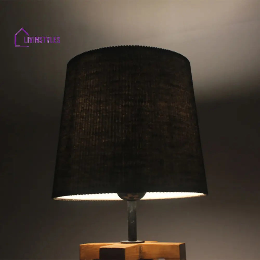 Criss Cross Brown Wooden Table Lamp With Yellow Printed Fabric Lampshade Lamps