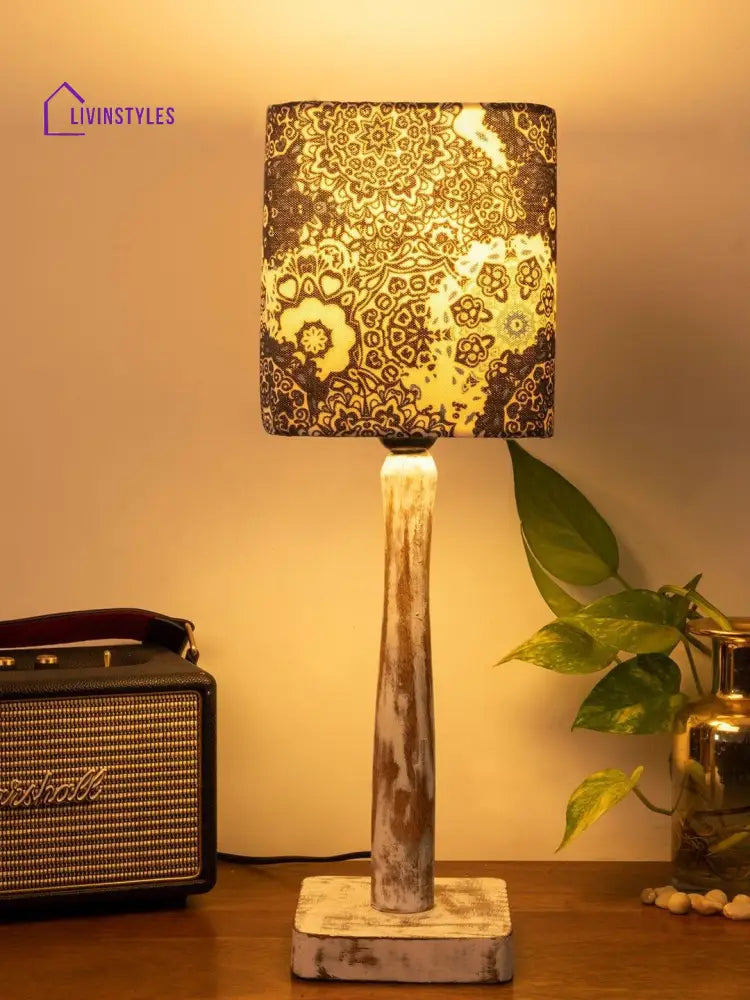 Curve Distress White Lamp With Blue Batik Print Shade