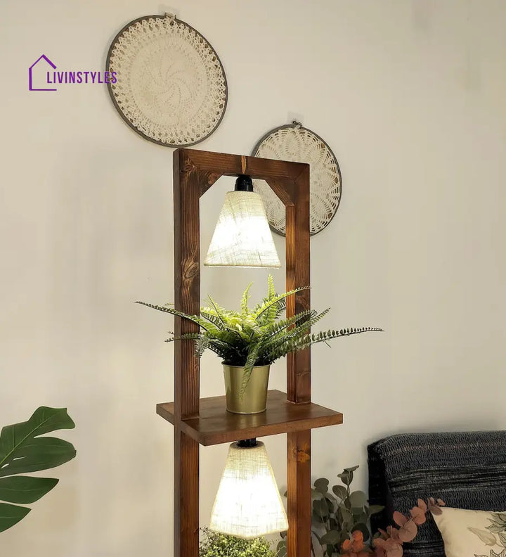 Daffodil Wooden Floor Lamp With Brown Base And Jute Fabric Lampshade Lamps