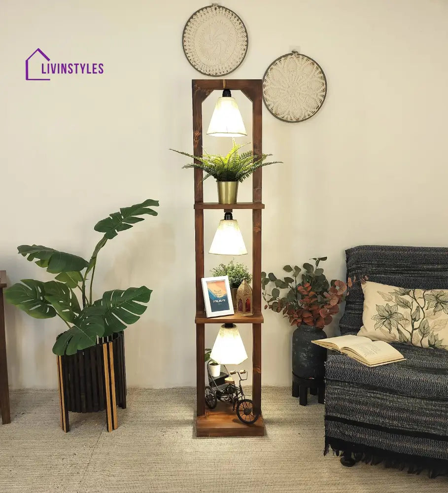 Daffodil Wooden Floor Lamp With Brown Base And Jute Fabric Lampshade Lamps