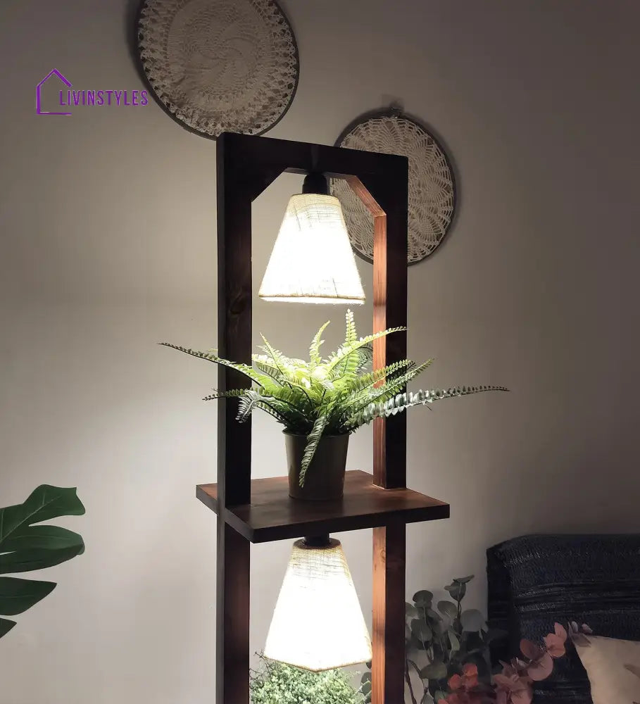 Daffodil Wooden Floor Lamp With Brown Base And Jute Fabric Lampshade Lamps