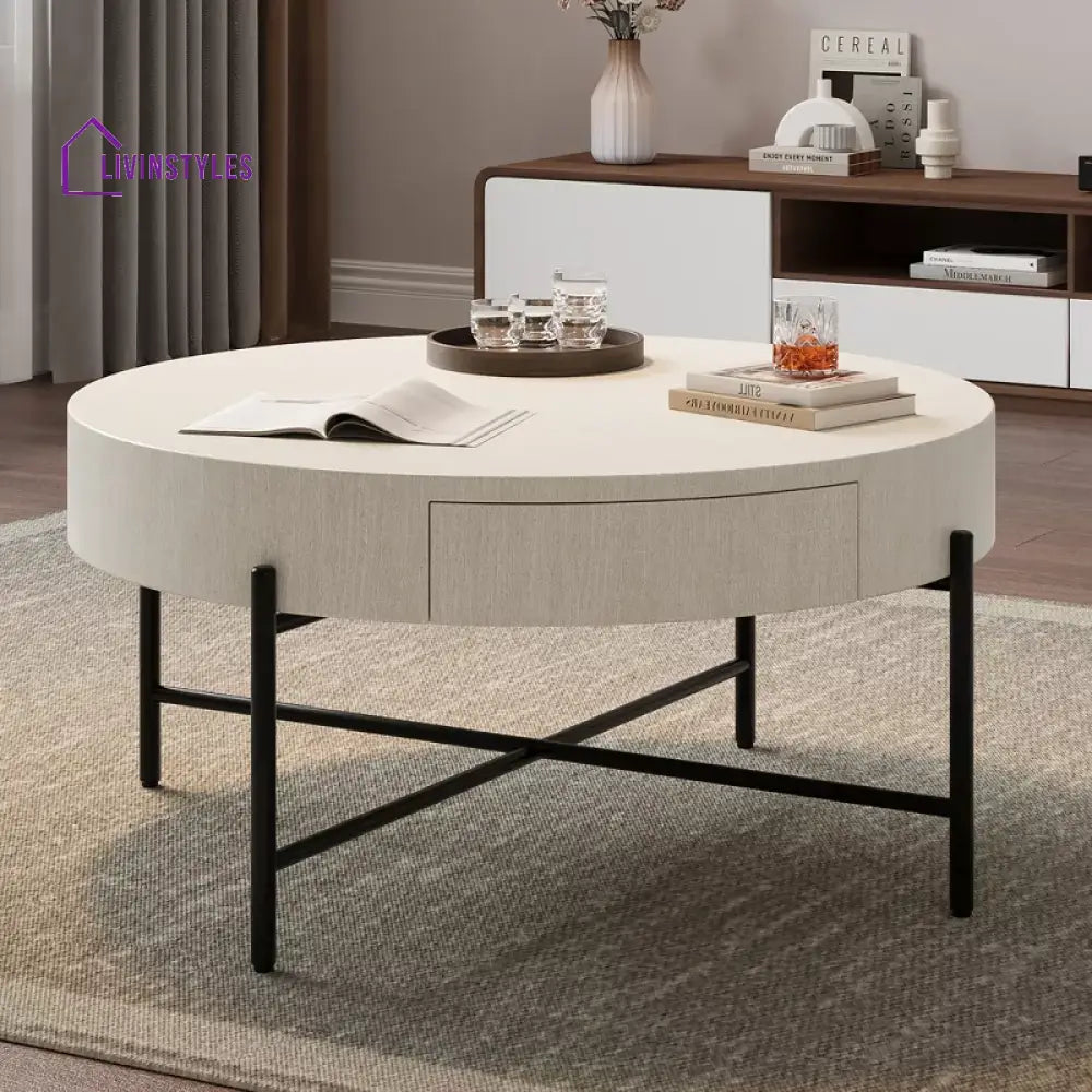 Dakshita Coffee Table in White Colour MDF Frame and Black Metal Frame