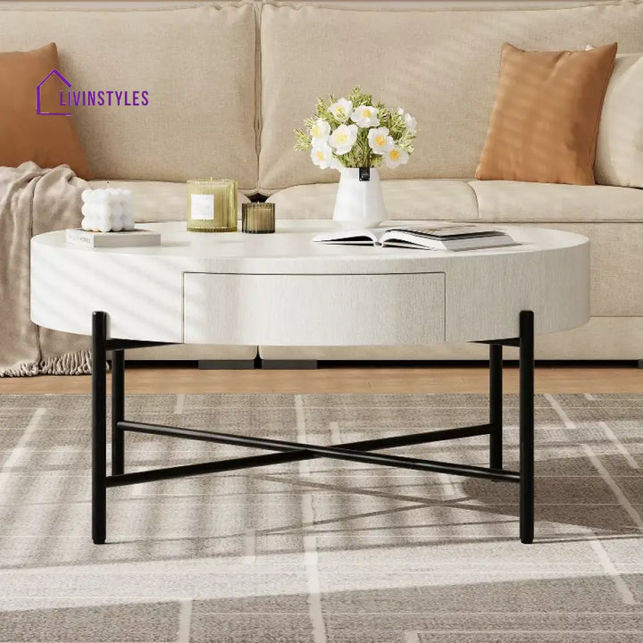 Dakshita Coffee Table in White Colour MDF Frame and Black Metal Frame