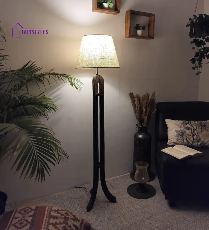 Damien Wooden Floor Lamp With Brown Base And Jute Fabric Lampshade Lamps