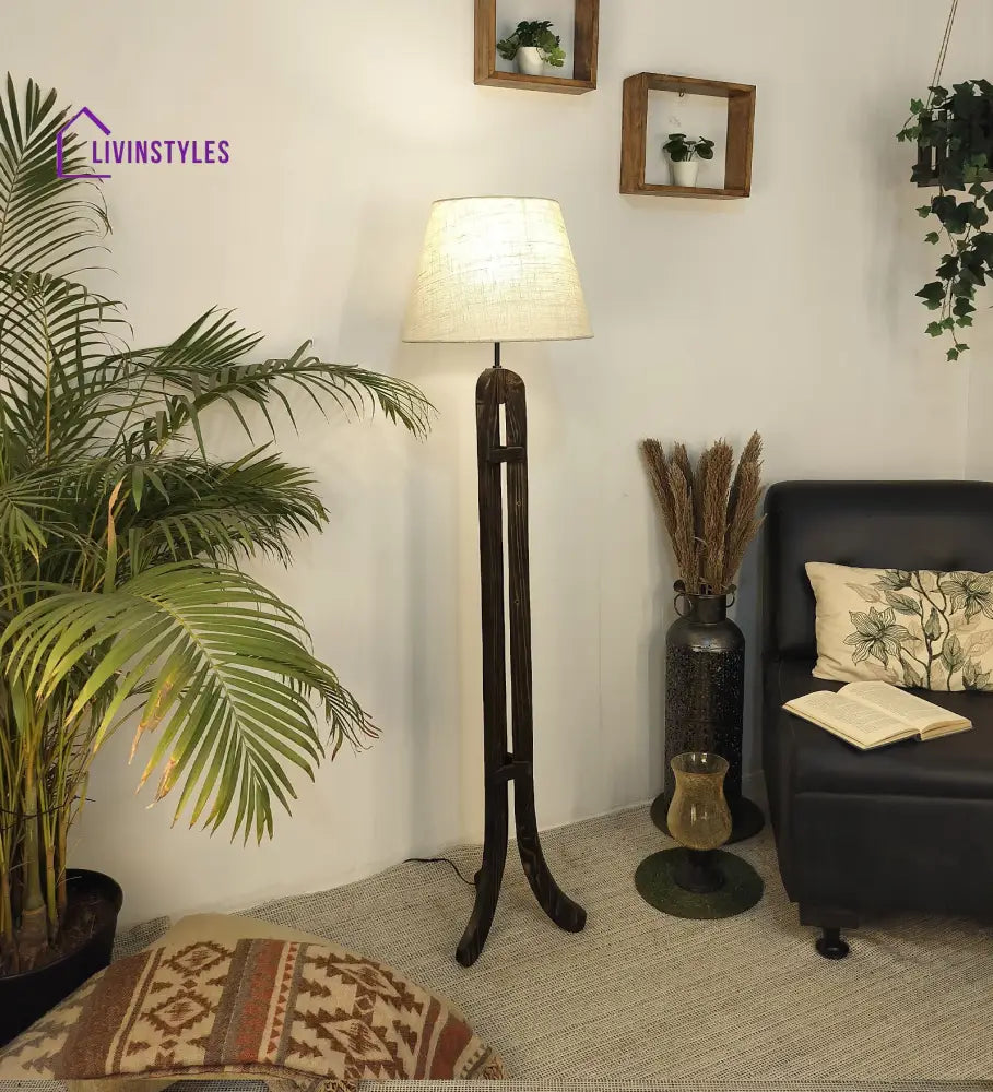 Damien Wooden Floor Lamp With Brown Base And Jute Fabric Lampshade Lamps