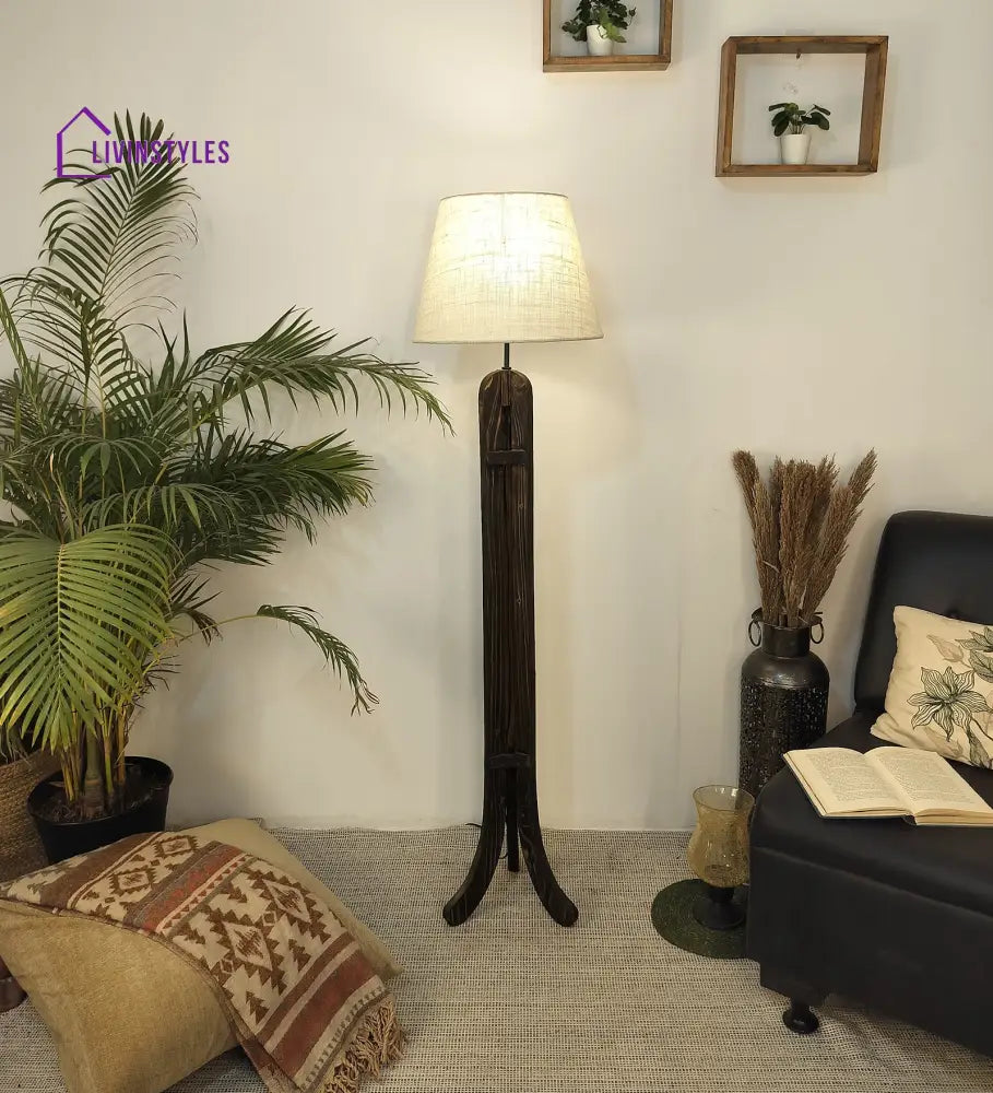 Damien Wooden Floor Lamp With Brown Base And Jute Fabric Lampshade Lamps