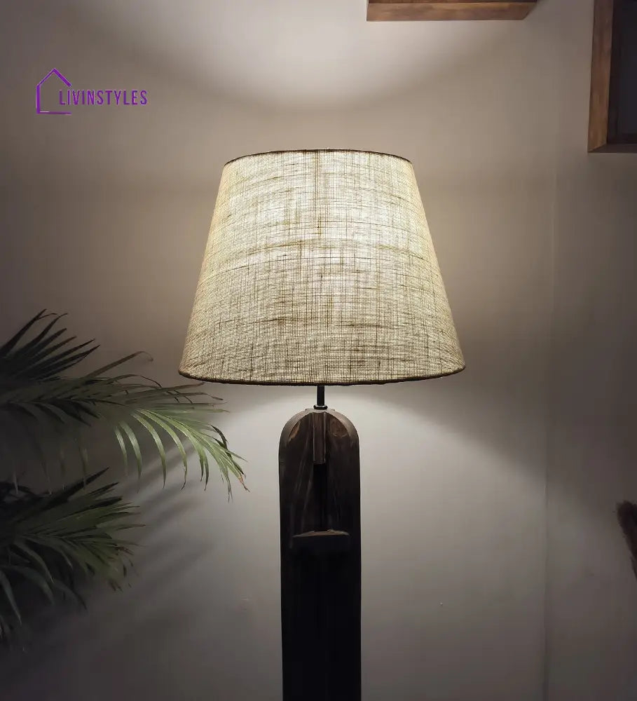 Damien Wooden Floor Lamp With Brown Base And Jute Fabric Lampshade Lamps