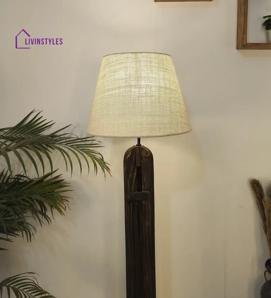 Damien Wooden Floor Lamp With Brown Base And Jute Fabric Lampshade Lamps