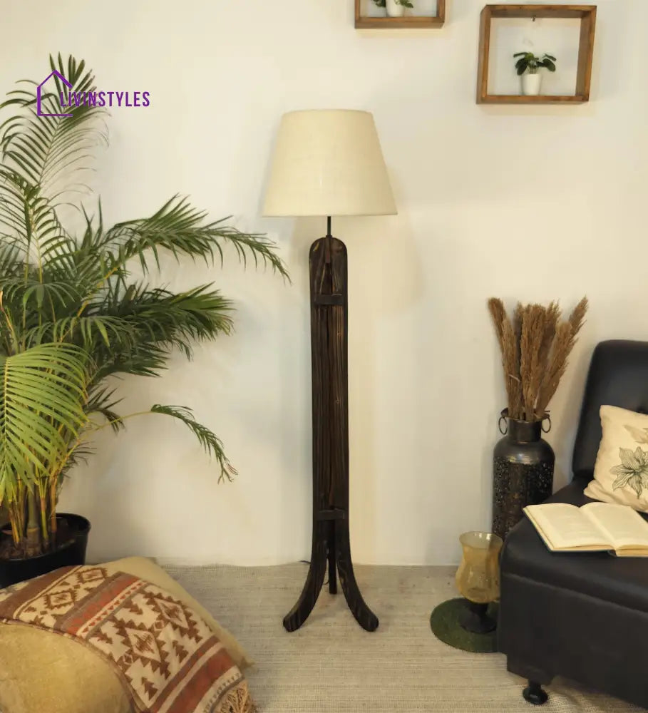 Damien Wooden Floor Lamp With Brown Base And Jute Fabric Lampshade Lamps