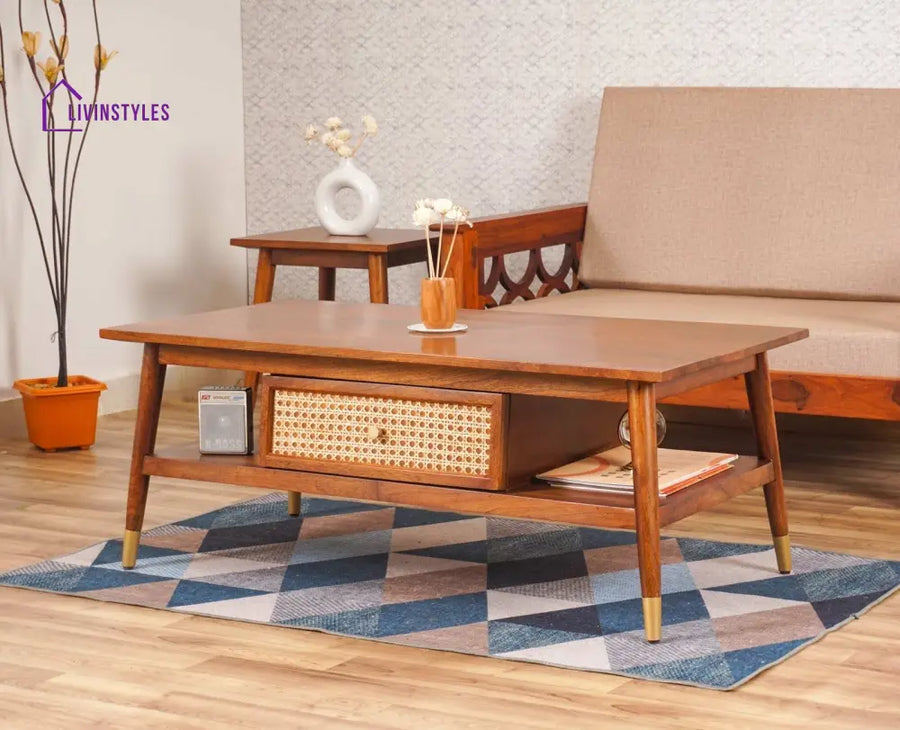 Boston Solid Wood Rattan Cane two Drawer Coffee Table - Coffee Table - Furniselan