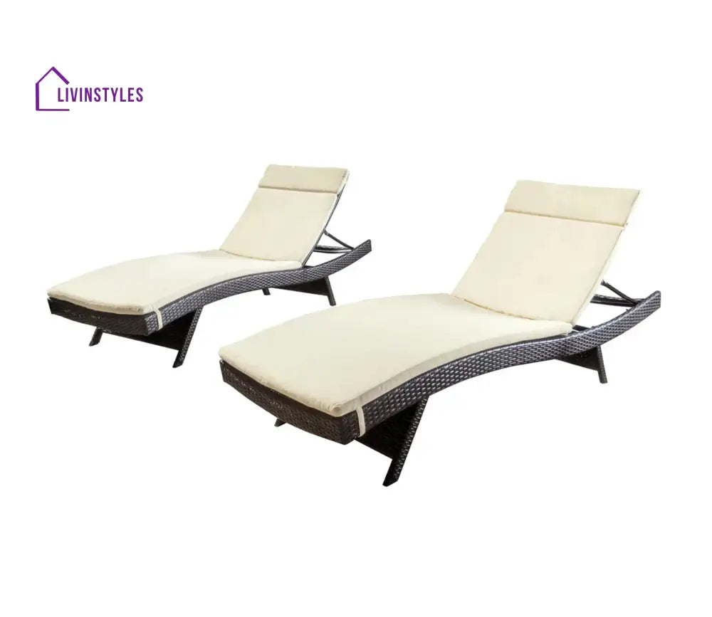 Dark Brown Outdoor Lounger With Cream Cushions (Set Of 2)