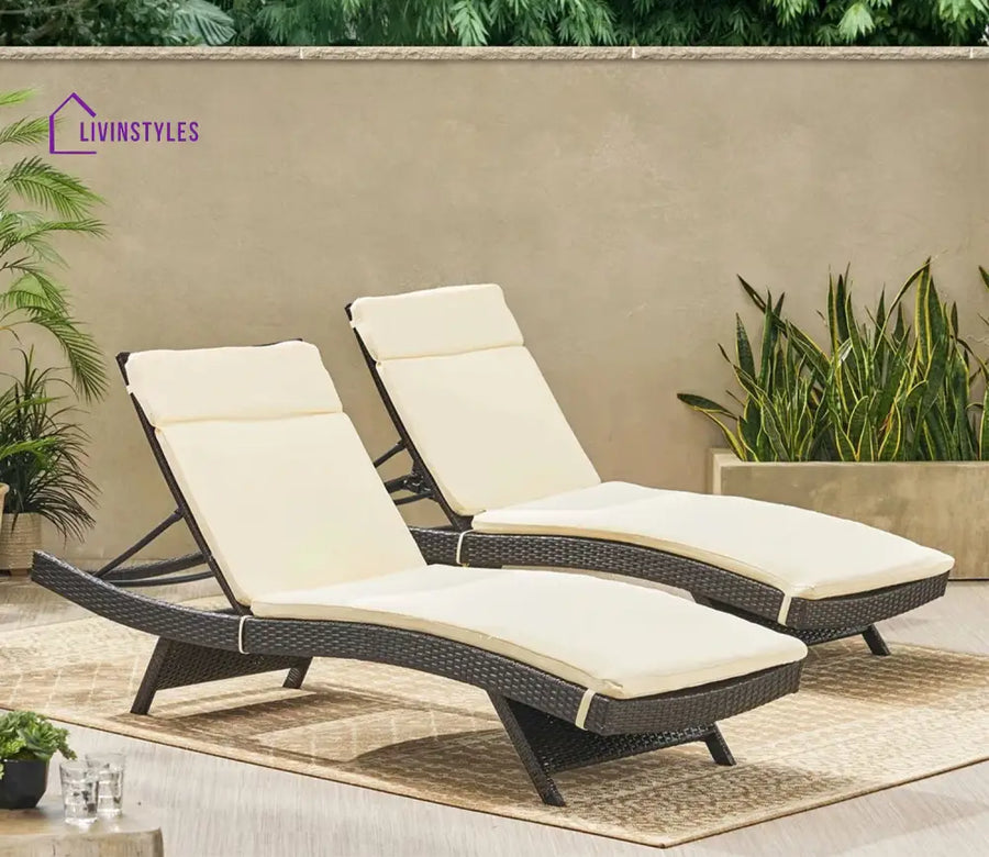 Dark Brown Outdoor Lounger With Cream Cushions (Set Of 2)