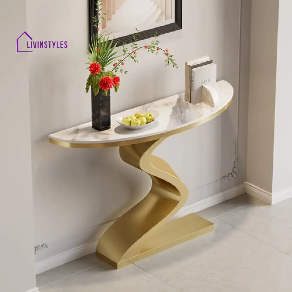 Debashish Gold Curved Console Table With Marble Stone