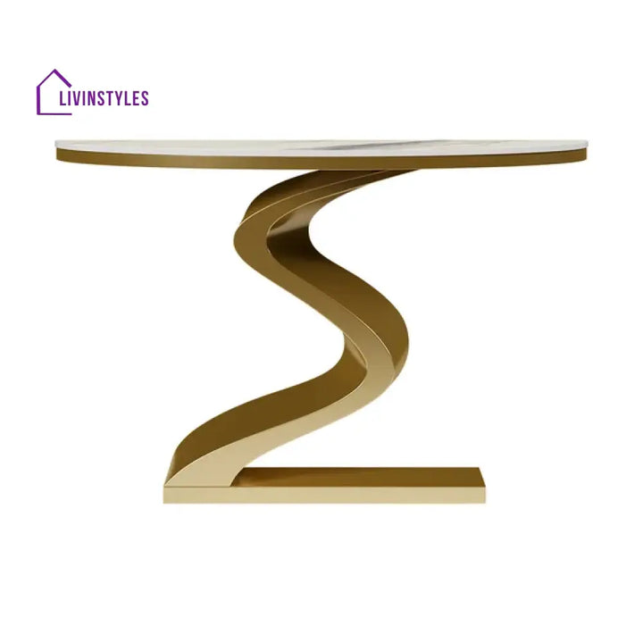 Debashish Gold Curved Console Table With Marble Stone