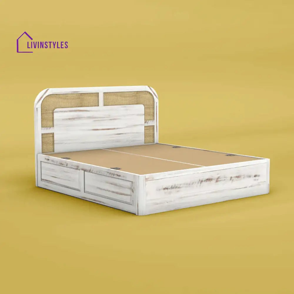 Deepika Solid Wood And Cane Box Storage Bed (Queen Size Distress Finish)