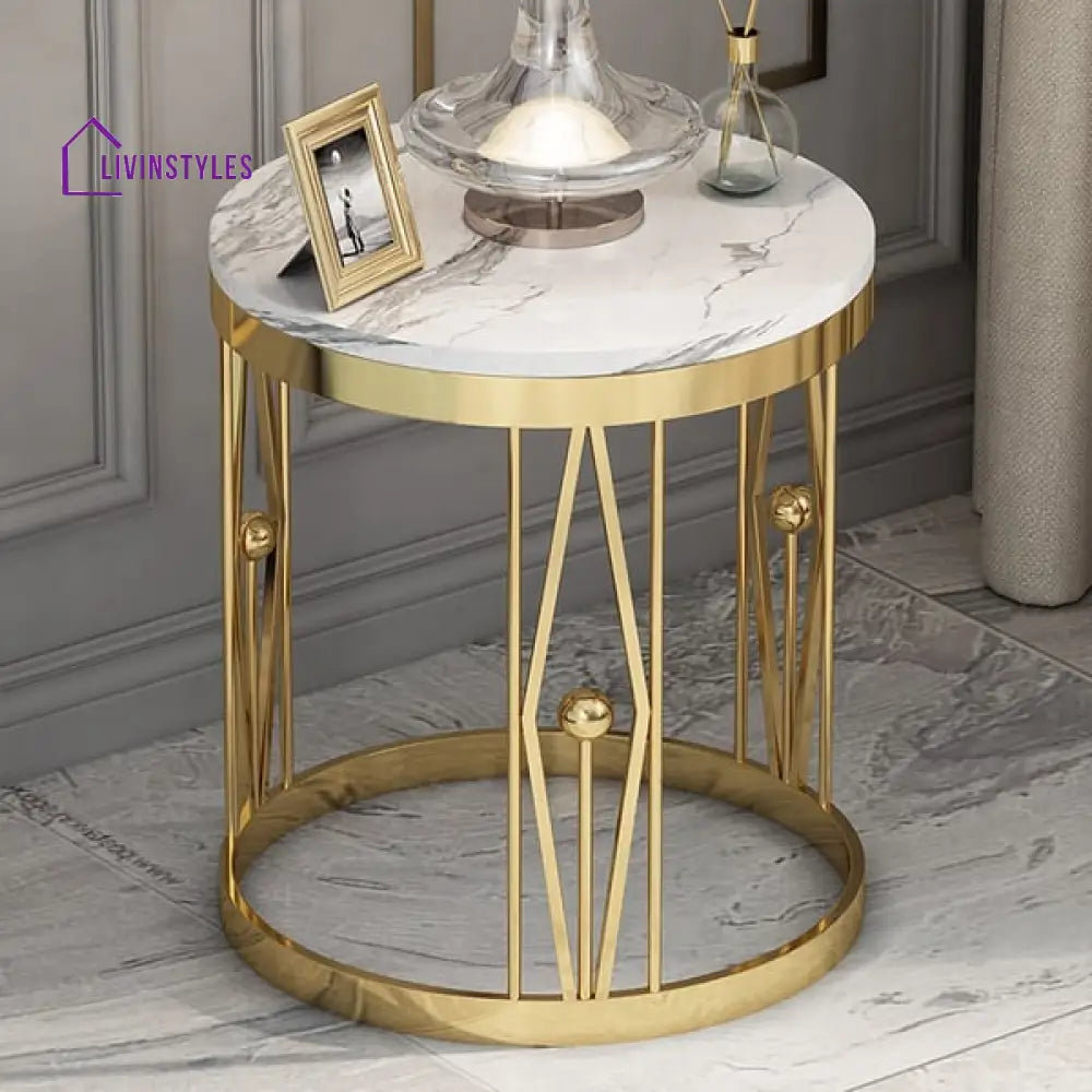 Denver Modern Luxurious Round Marble Side Table In Gold Color End Tables