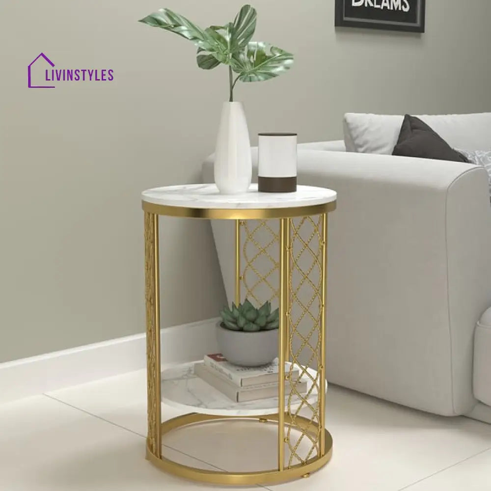 Denvery Modern Luxurious Round Marble Side Table In Gold Color