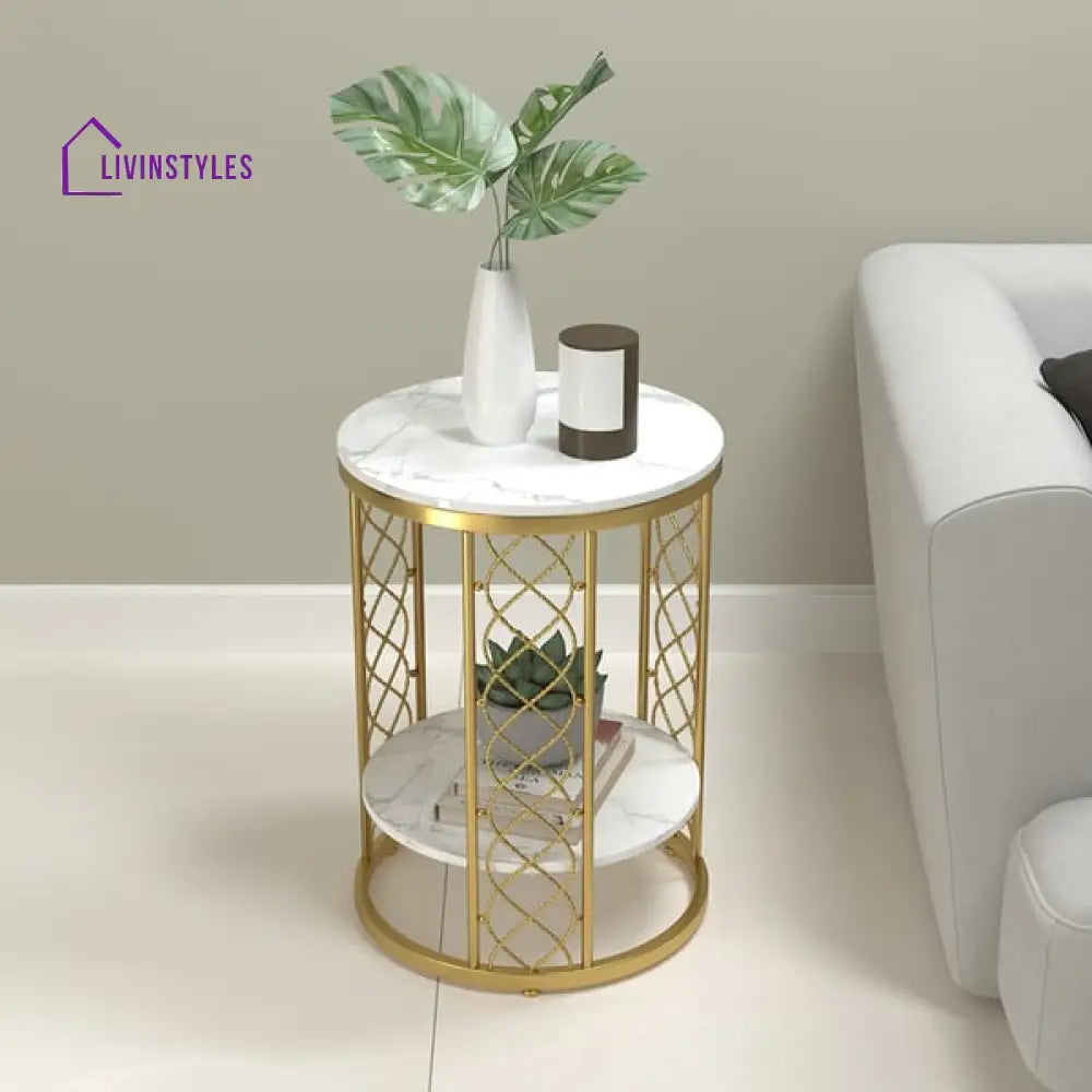 Denvery Modern Luxurious Round Marble Side Table In Gold Color