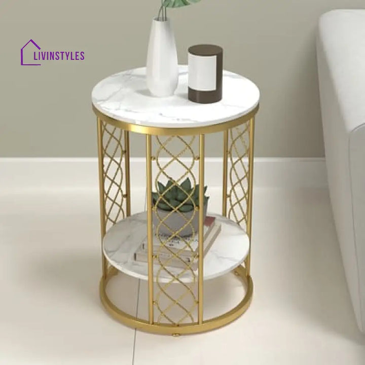 Denvery Modern Luxurious Round Marble Side Table In Gold Color