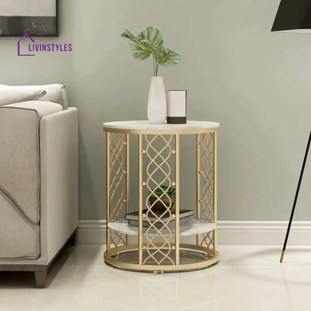 Denvery Modern Luxurious Round Marble Side Table In Gold Color