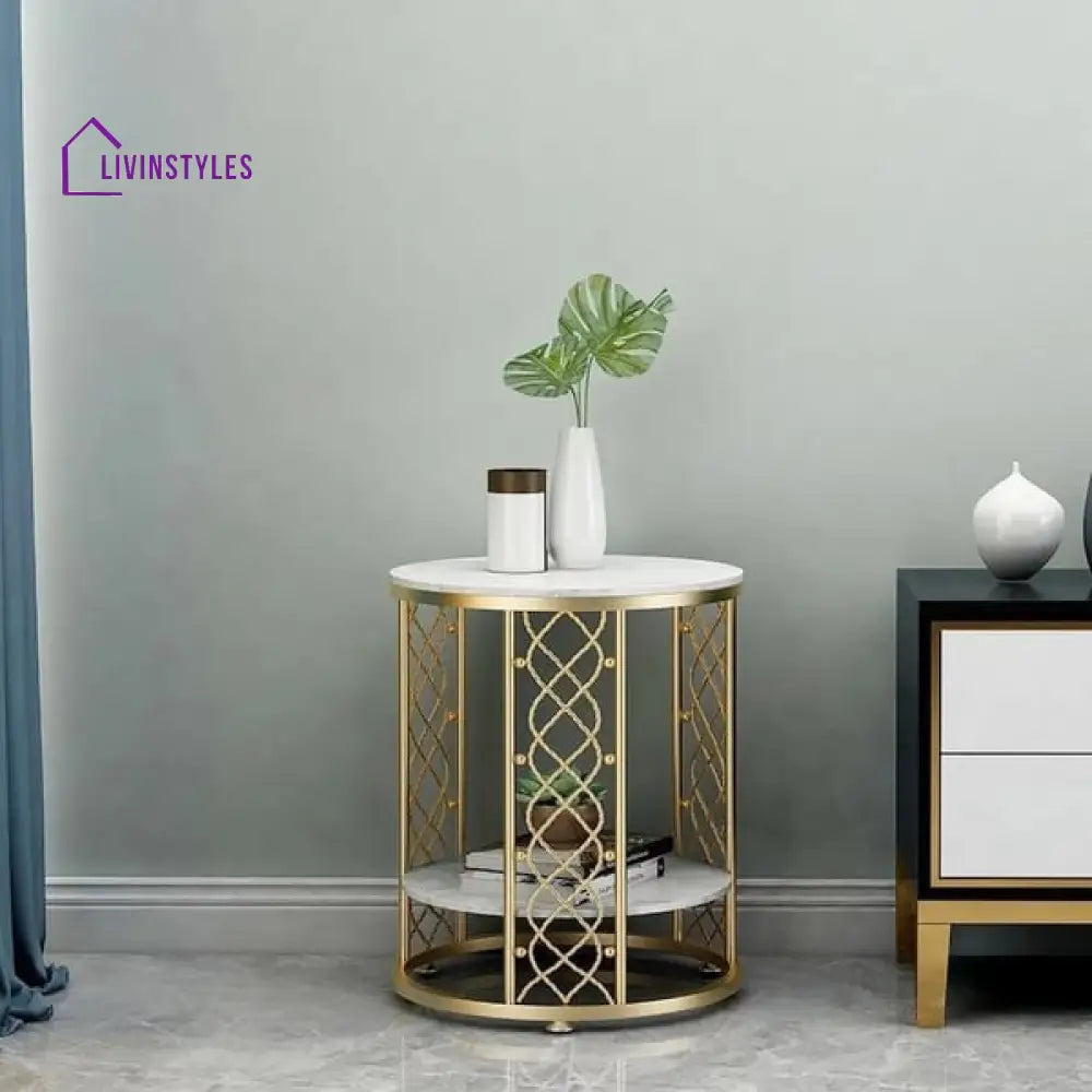 Denvery Modern Luxurious Round Marble Side Table In Gold Color