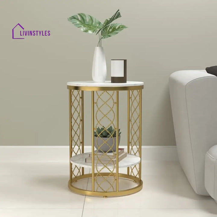 Denvery Modern Luxurious Round Marble Side Table In Gold Color