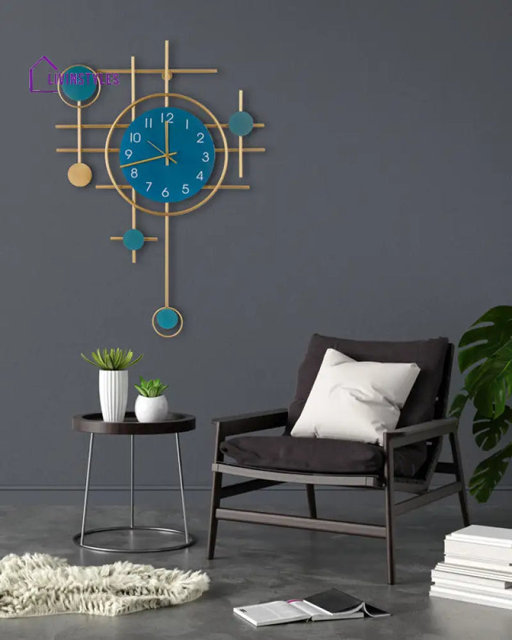 Denzel Golden And Blue Metal Wall Clock