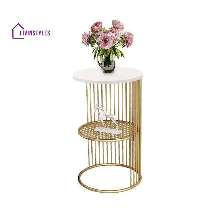 Designer Art Golden Half Caged White with Marble Coffee Round Side Table Table