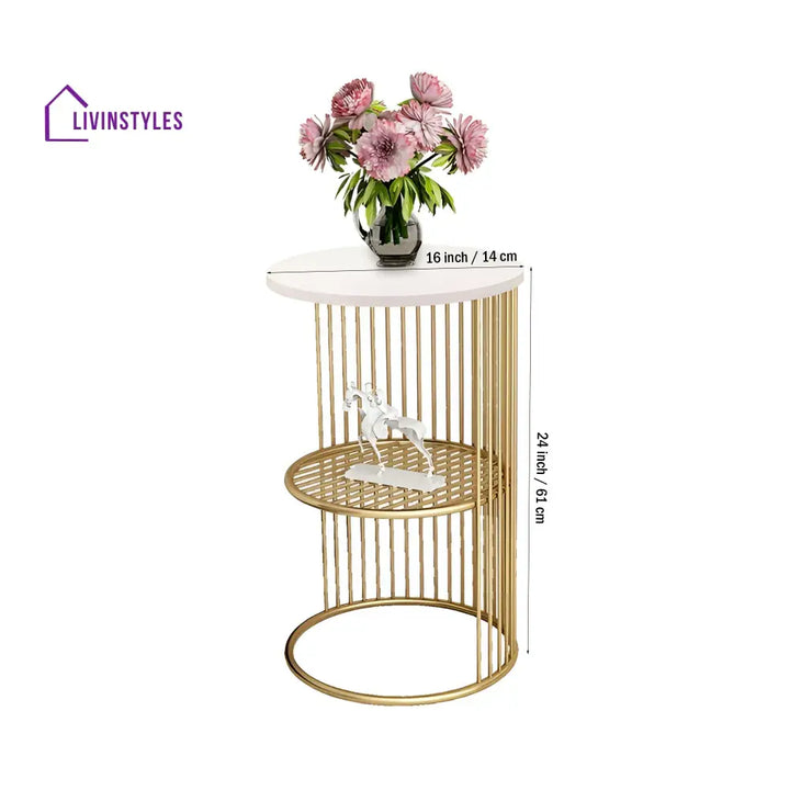 Designer Art Golden Half Caged White with Marble Coffee Round Side Table Table