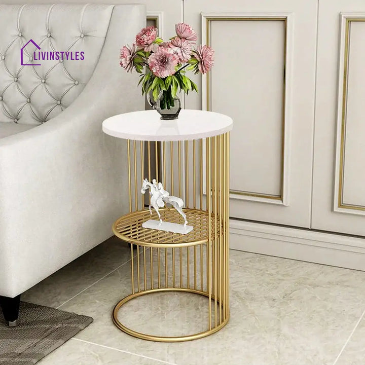 Designer Art Golden Half Caged White with Marble Coffee Round Side Table Table