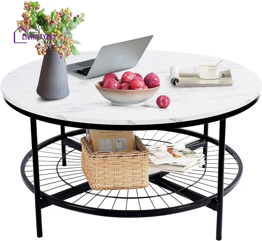 Designer Round Modern Center Table with White Marble Black Metal Finish Table