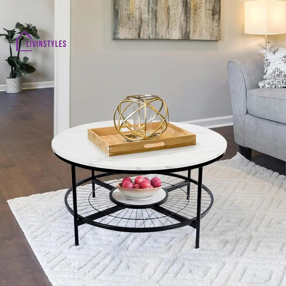 Designer Round Modern Center Table with White Marble Black Metal Finish Table