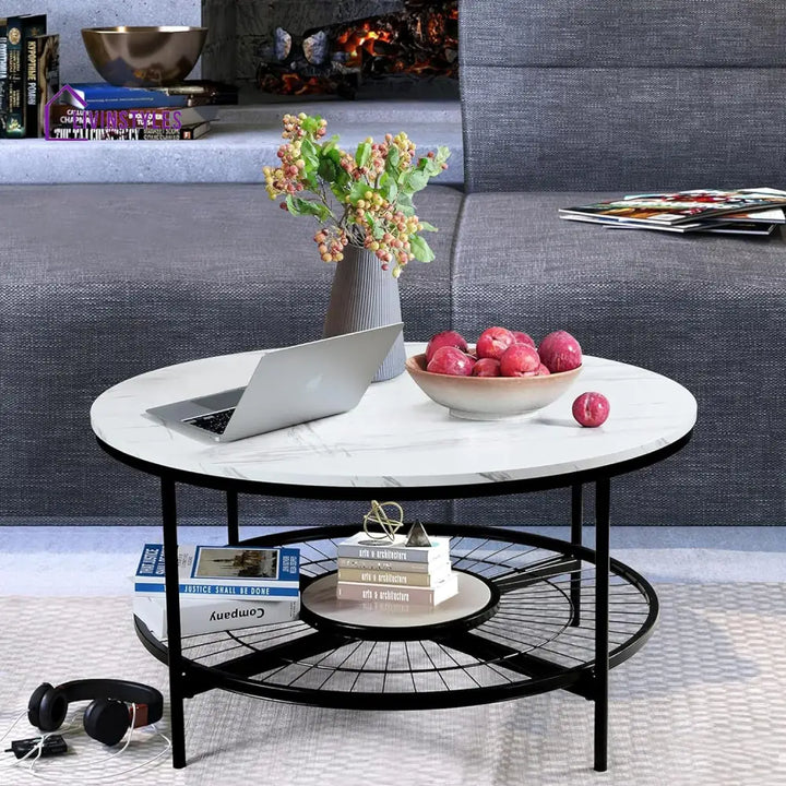 Designer Round Modern Center Table with White Marble Black Metal Finish Table