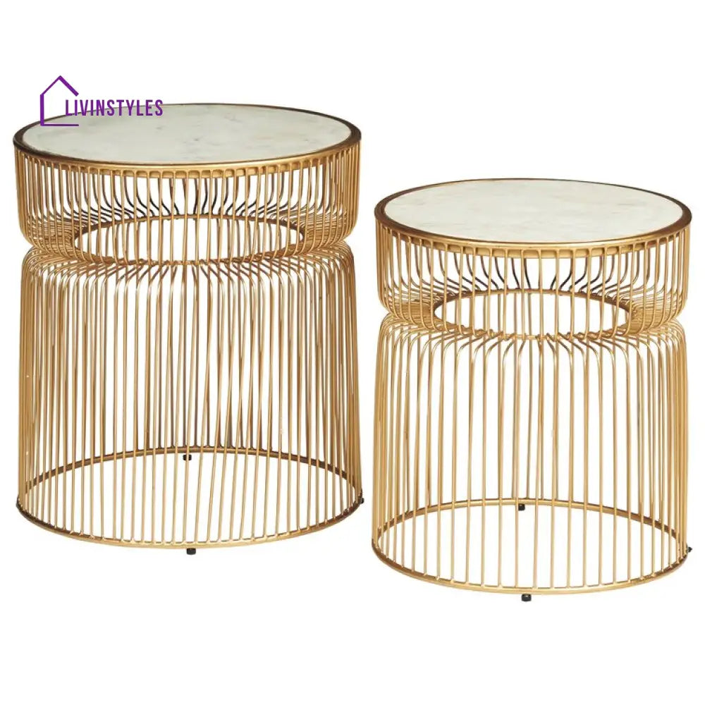 Devon Modern Luxurious Round Marble Side Table In Gold Color - Set Of 2 Tpr Finishing