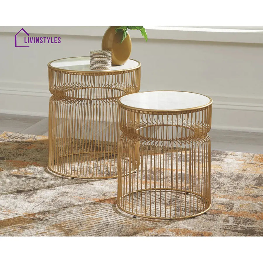 Devon Modern Luxurious Round Marble Side Table In Gold Color - Set Of 2 Tpr Finishing