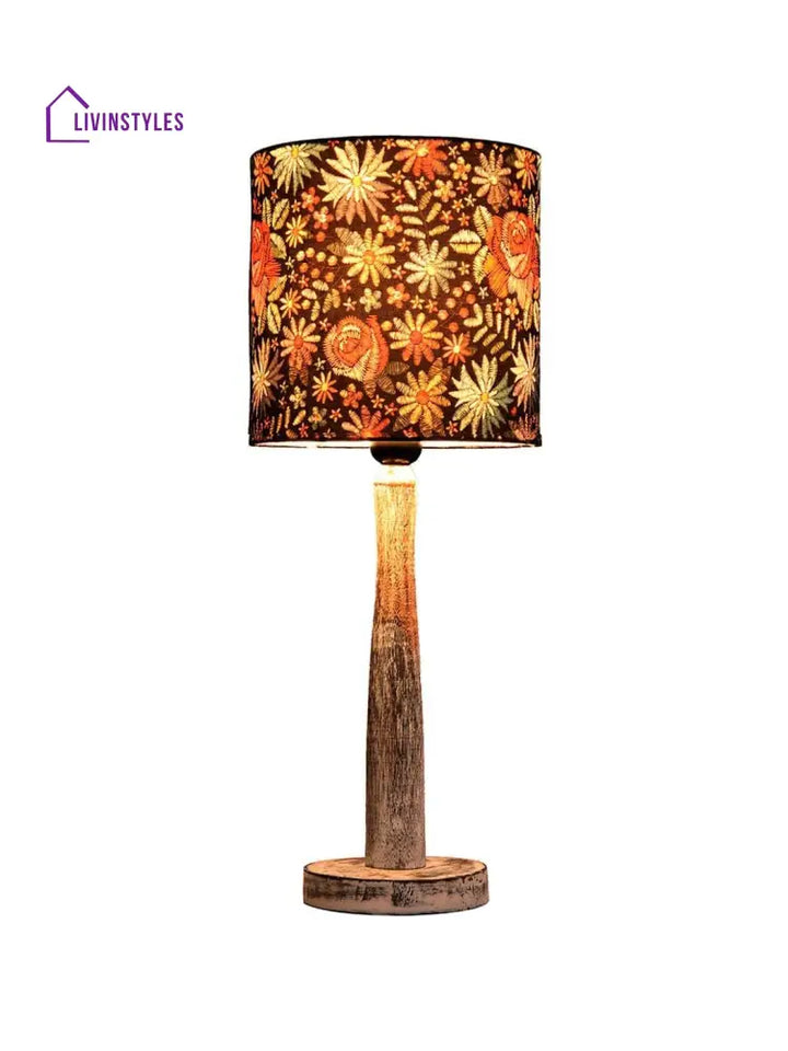 Distress White Wooden Lamp With Black Floral Stitch Shade