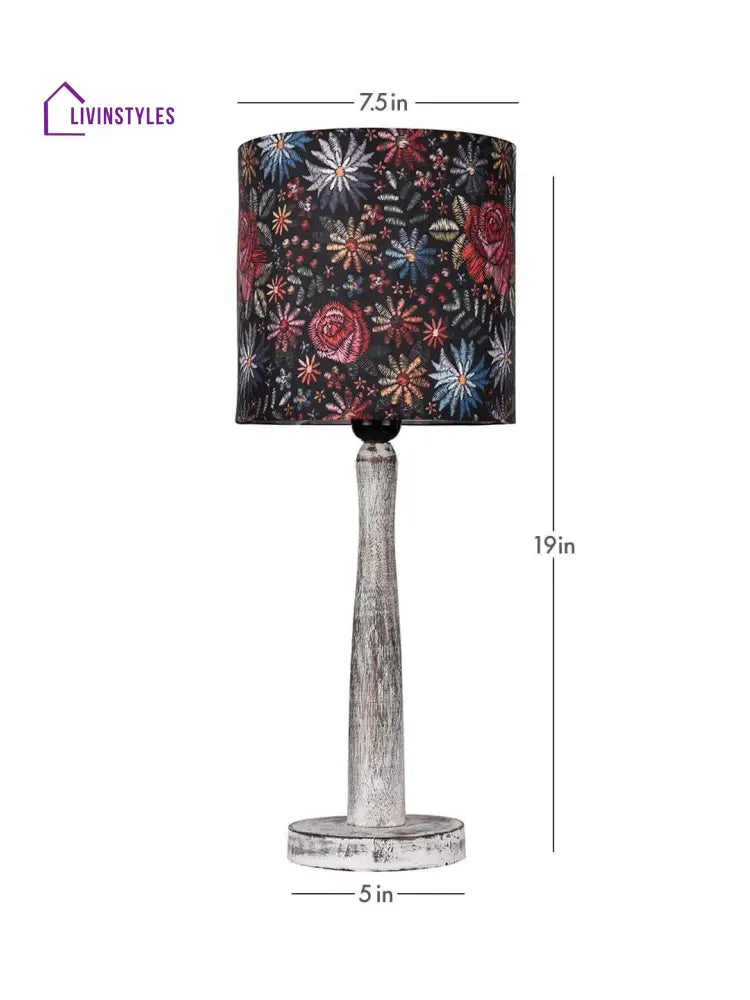 Distress White Wooden Lamp With Black Floral Stitch Shade