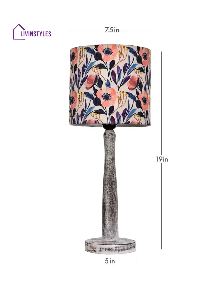 Distress White Wooden Lamp With Pink Floral Shade