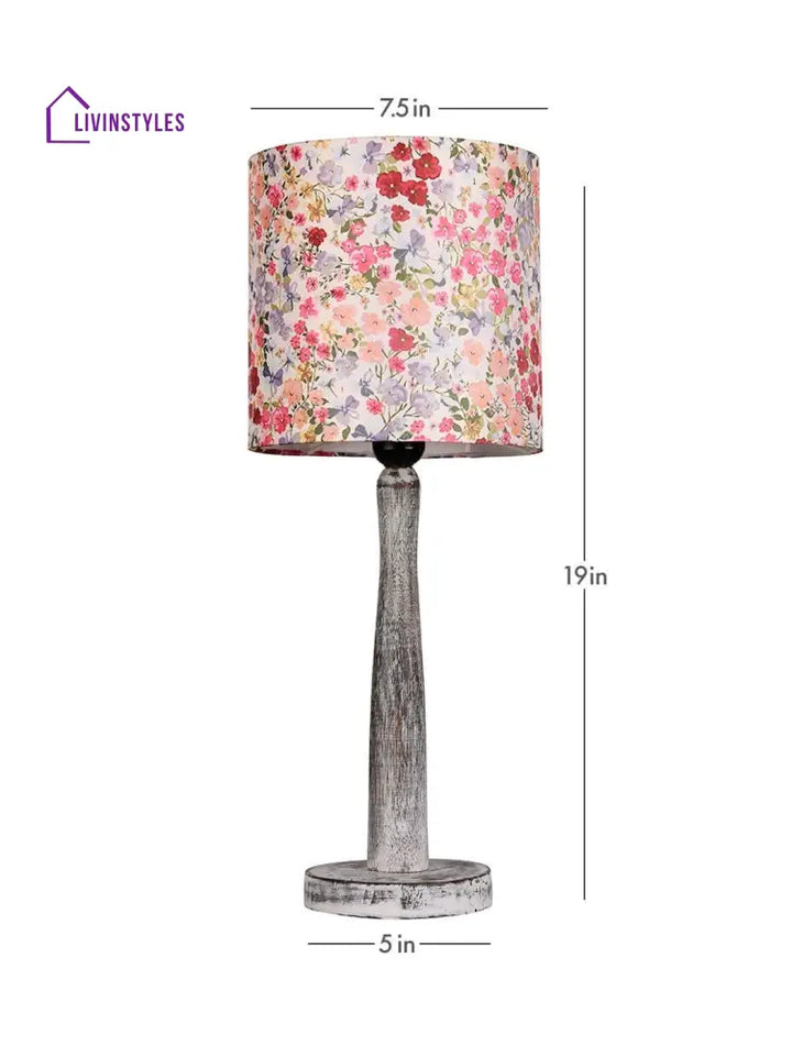 Distress White Wooden Lamp With Tiny Flowers Shade