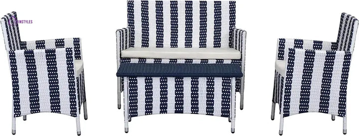 Divya 4Pcs Patio Rattan Furniture Set (White And Blue Wicker/White Cushion)