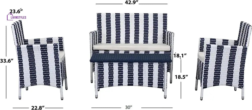 Divya 4Pcs Patio Rattan Furniture Set (White And Blue Wicker/White Cushion)