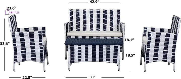 Divya 4Pcs Patio Rattan Furniture Set (White And Blue Wicker/White Cushion)