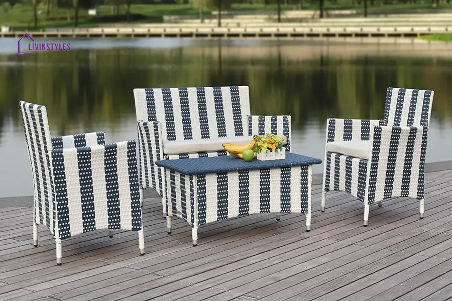 Divya 4Pcs Patio Rattan Furniture Set (White And Blue Wicker/White Cushion)