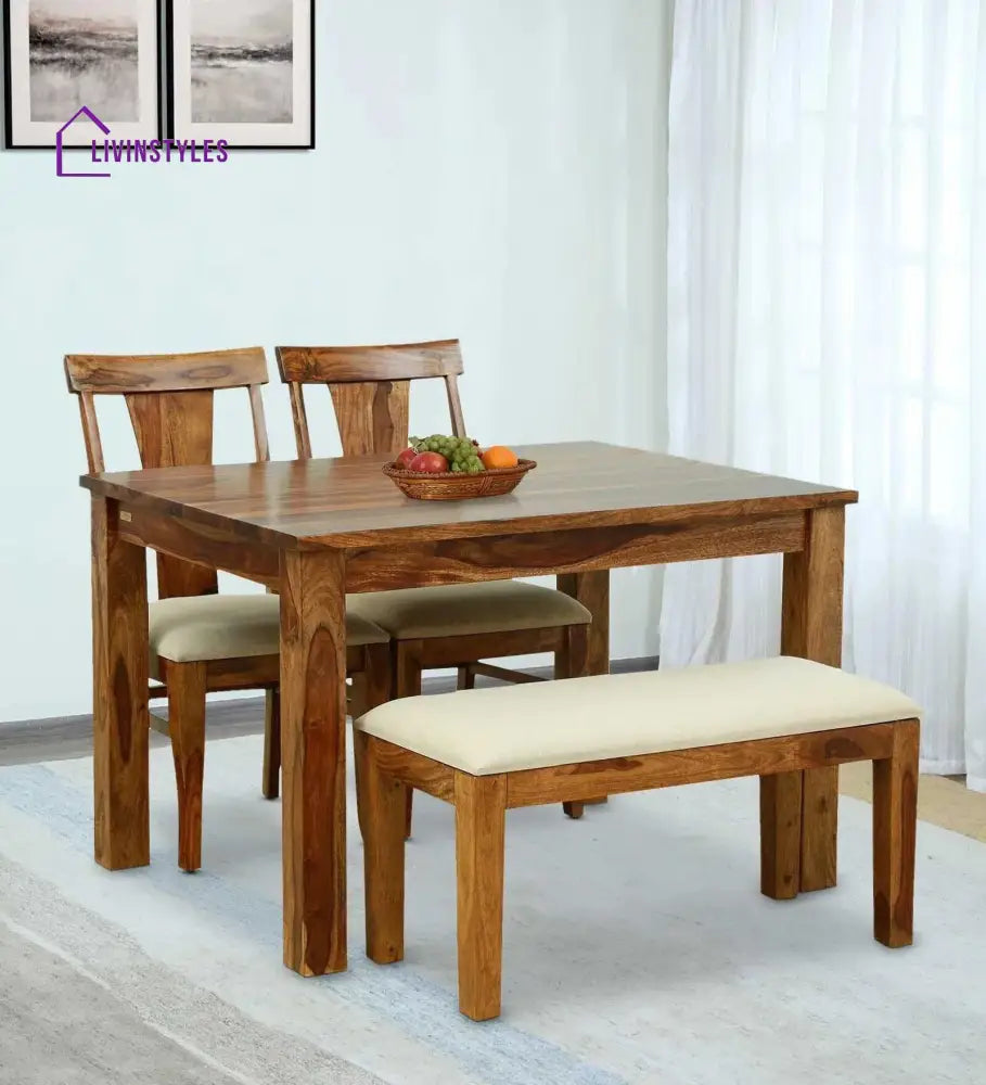 Dobrynya Sheesham Wood 4 Seater Dining Set In Teak Finish With Bench Dining Set