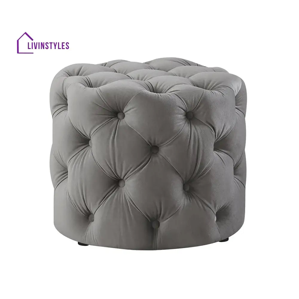 Dottie Round Shaped Grey Color Velvet Tufted Solid Puffy Ottoman Chairs